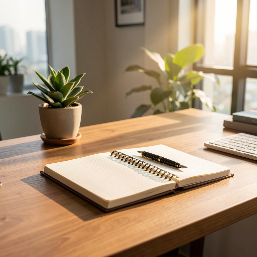 Calm editorial desk in Jakarta with notebook, plant, fountain pen, and sunlight