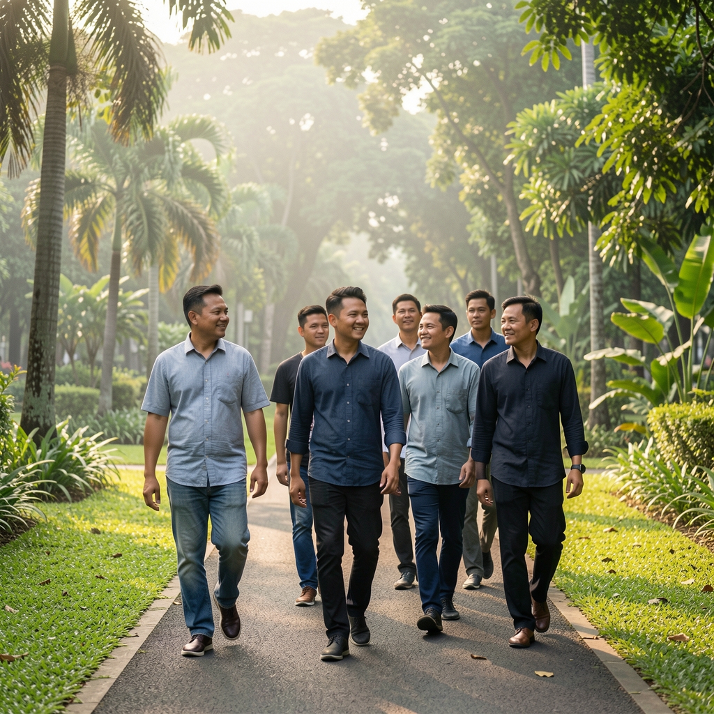 Small group of men walking together through a green Jakarta park in the early morning
