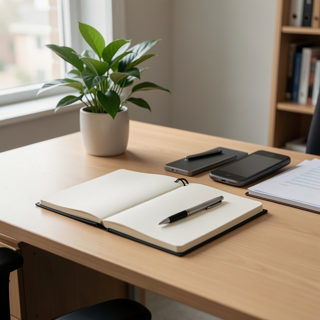 Editorial contact desk with notebook, phone, pen, and leafy plant in a calm office
