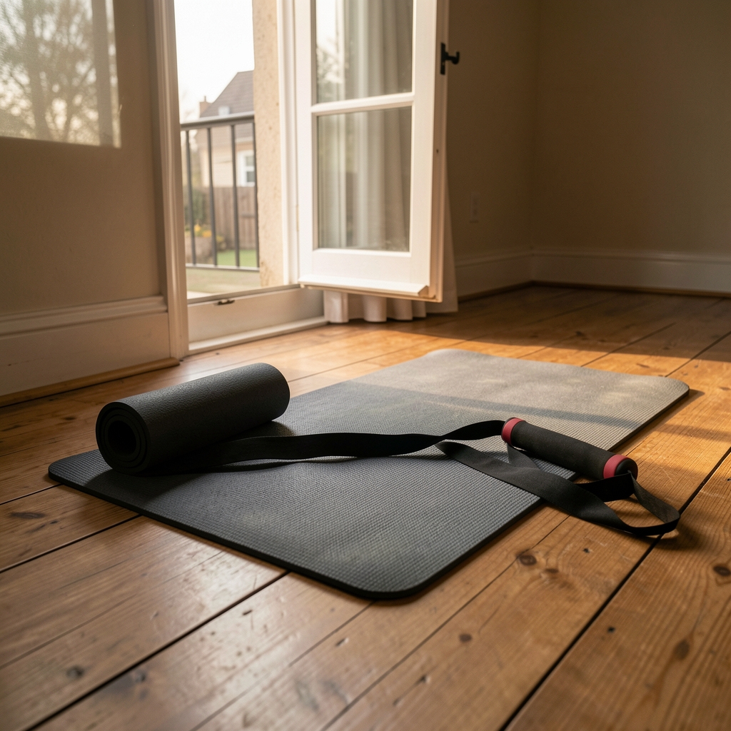 Yoga mat and resistance band laid out on a wooden floor beside an open window with early morning light