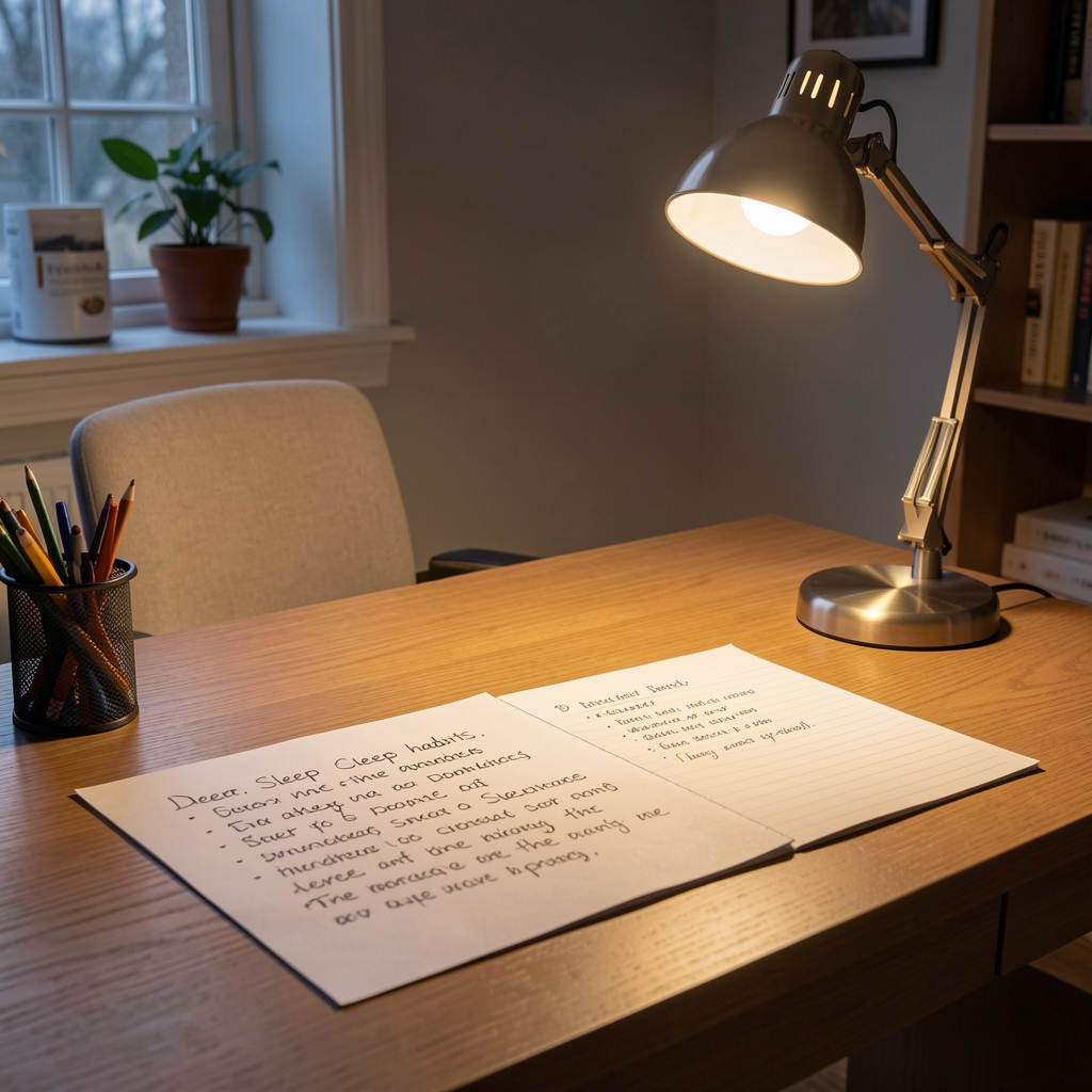 Quiet home office desk with handwritten notes on sleep habits and a softly lit reading lamp in the evening