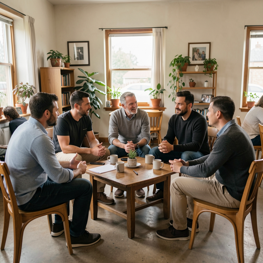 Small group of men seated in a circle having an informal discussion in a community space