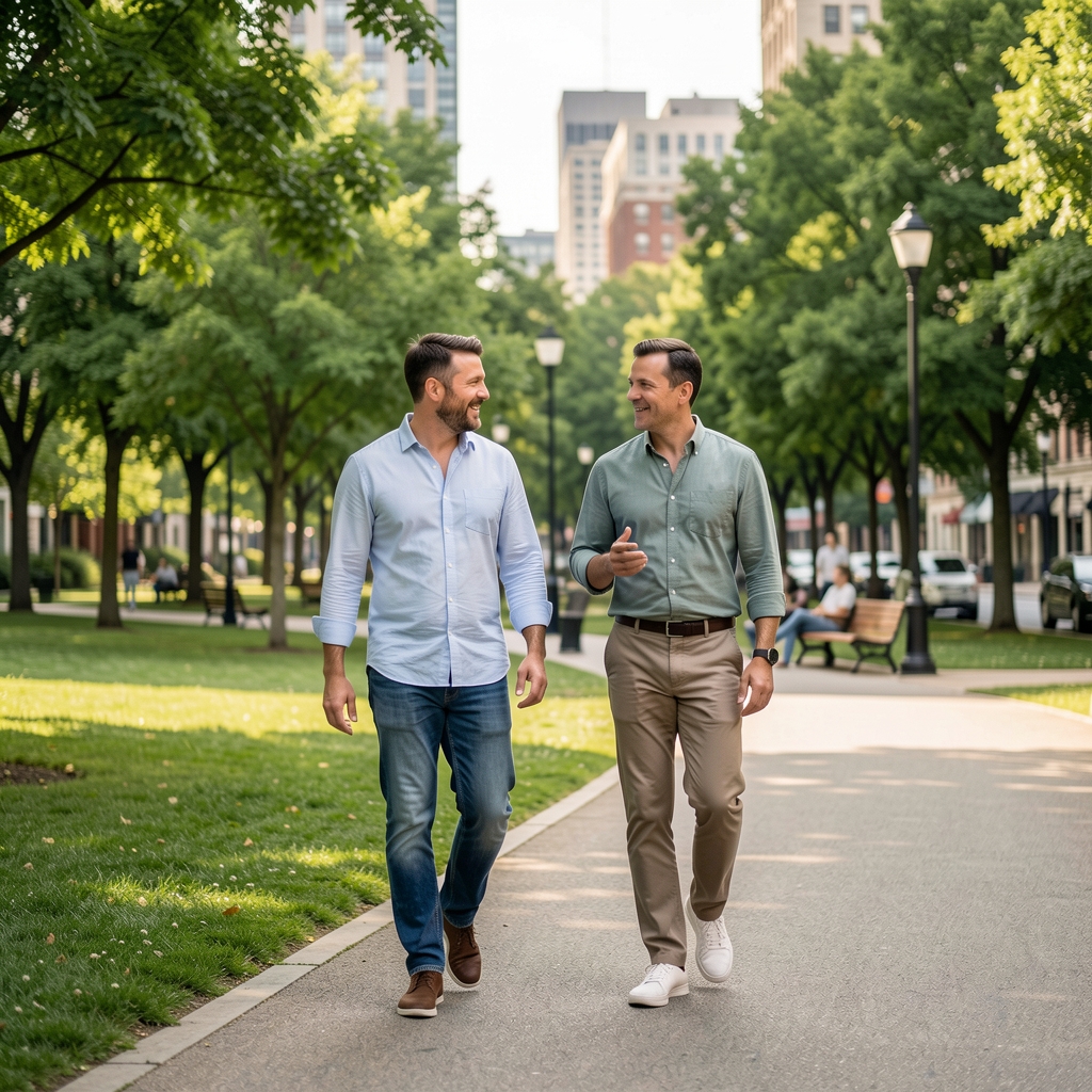 Two men walking slowly beside a green urban park while discussing wellbeing