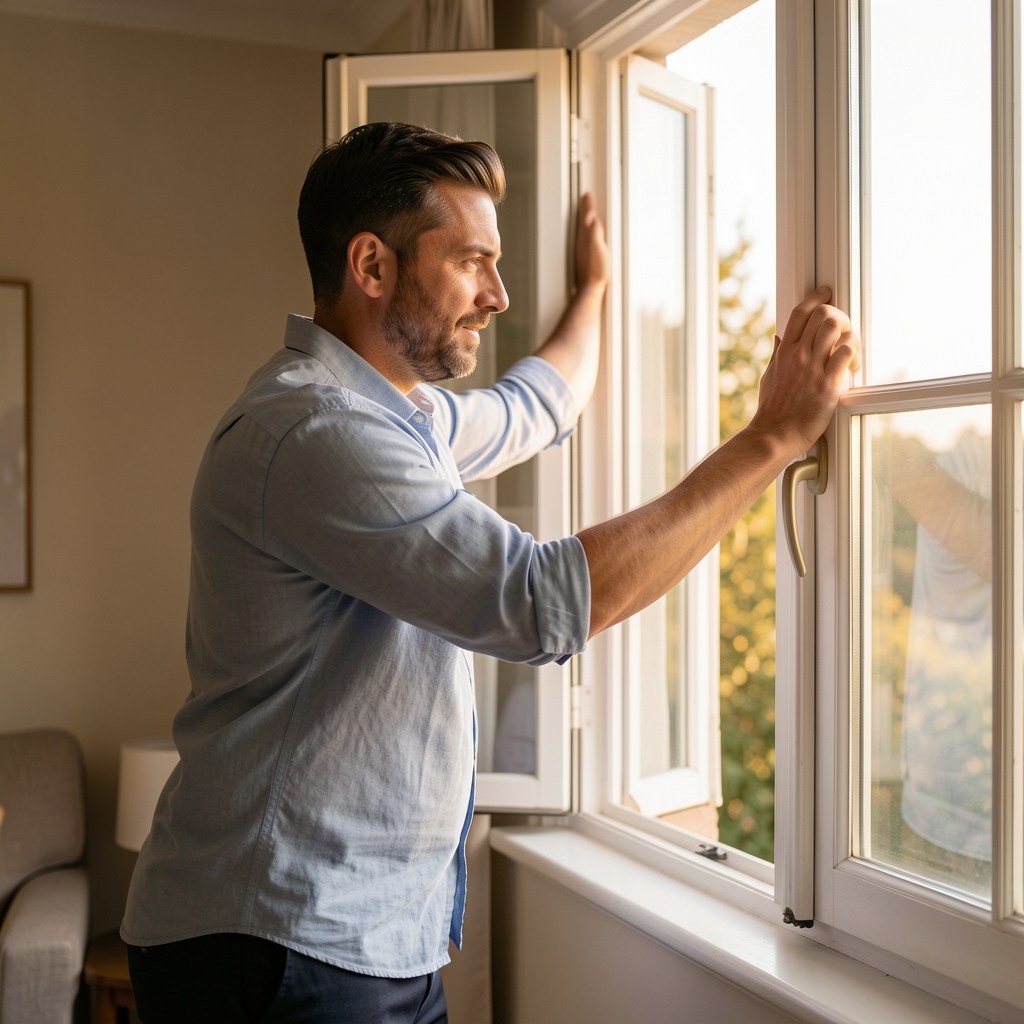 Man in his thirties stretching beside an open window as morning light fills the room