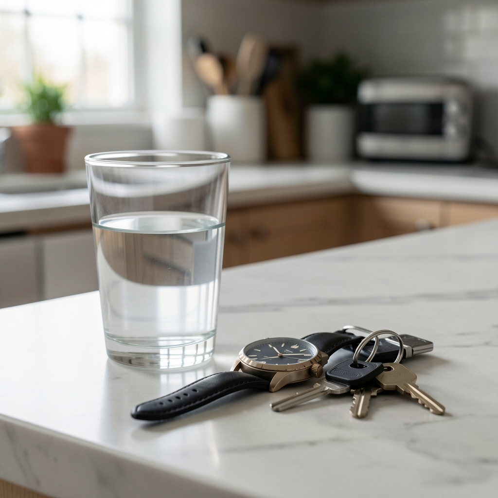 Glass of water placed next to a watch and keys on a kitchen counter as part of a morning routine