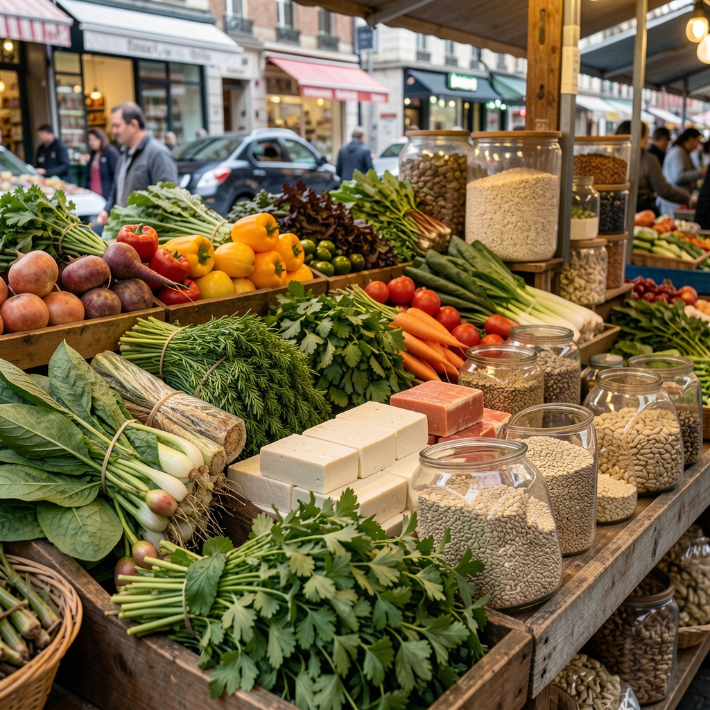 Colorful Indonesian market stall with fresh vegetables, herbs, tofu, and whole grains arranged naturally