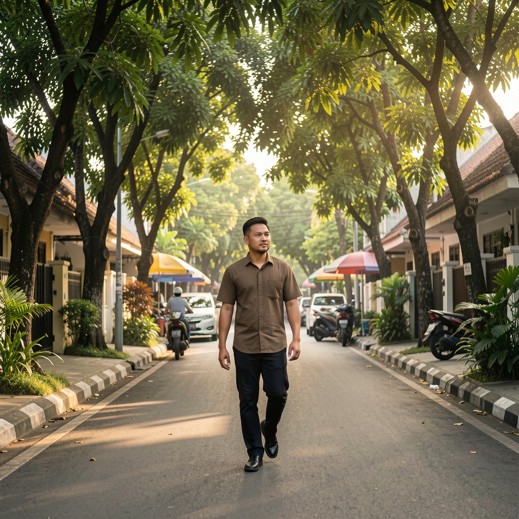 Man walking through a quiet Jakarta neighborhood with leafy trees and gentle early sunlight
