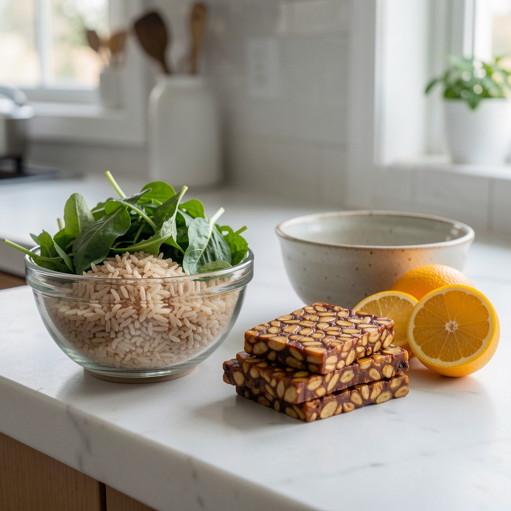 Home kitchen counter with brown rice, greens, tempeh, citrus, and a ceramic bowl
