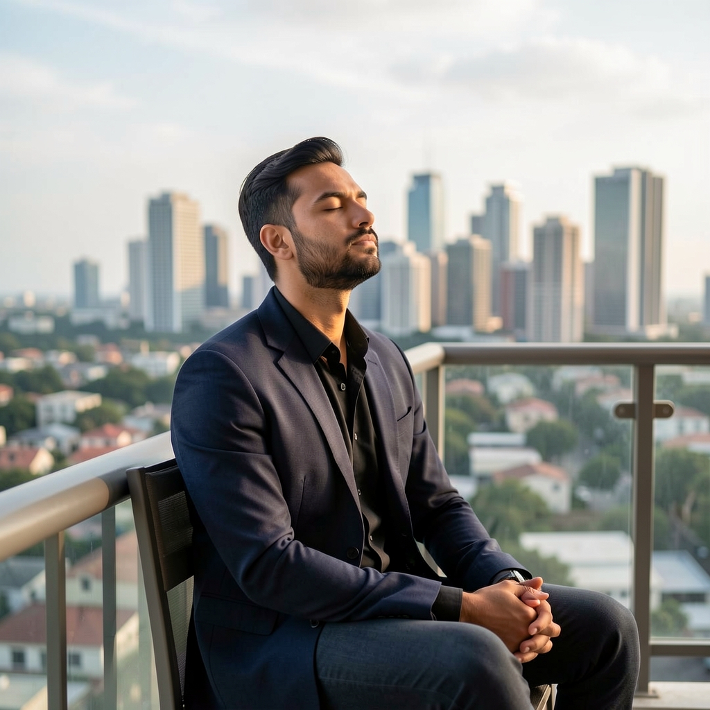 Man sitting quietly on a balcony with eyes closed, city skyline softly visible in the background