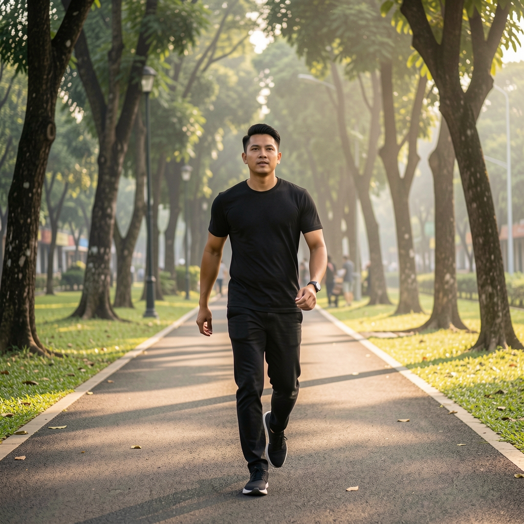 Man walking briskly along a tree-lined path in a Jakarta park during early morning