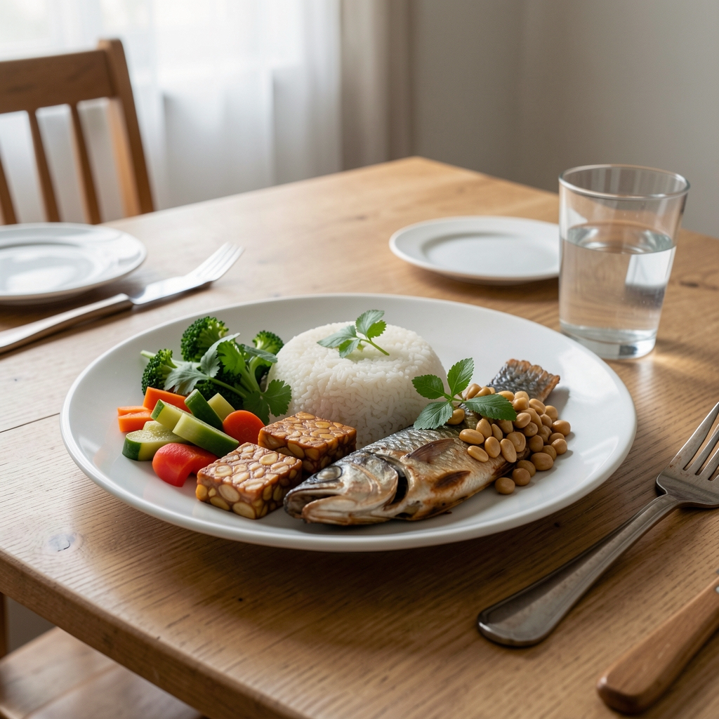 Balanced Indonesian meal with rice, vegetables, tempeh, fish, herbs, and water on a simple dining table