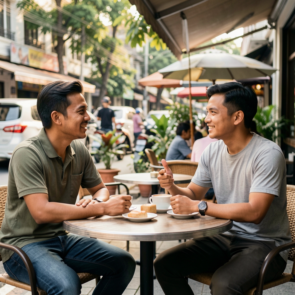 Two men in their thirties sitting at an outdoor café table in Jakarta having a relaxed conversation