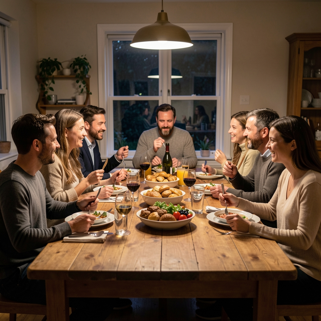 Extended family sharing a home-cooked dinner together at a wooden table in the evening