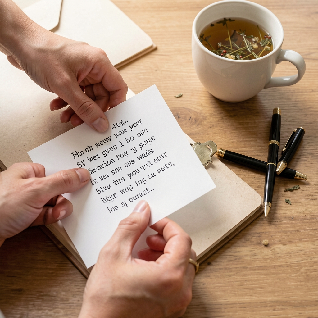 Hands arranging printed wellness prompts beside a pen and cup of herbal tea