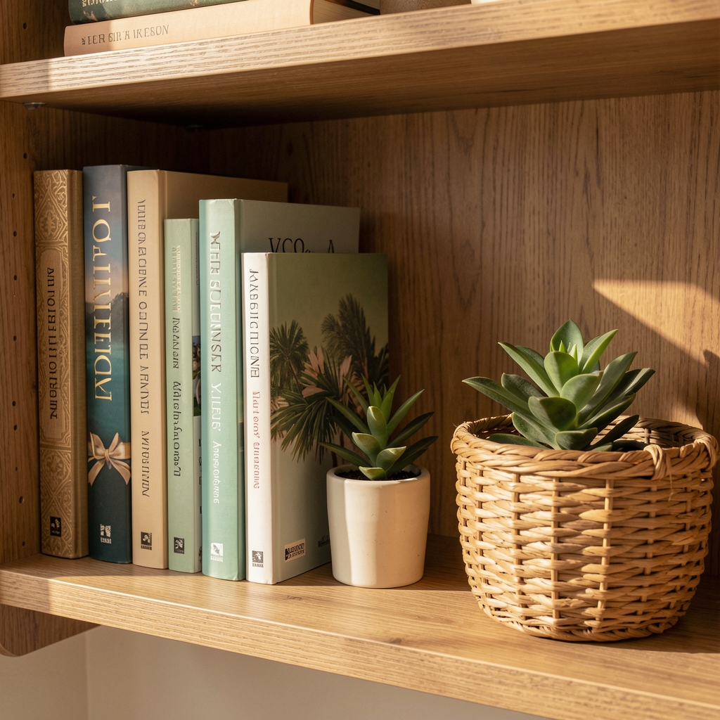 Wooden shelf with wellness books, journal, small plant, and woven basket in warm natural light