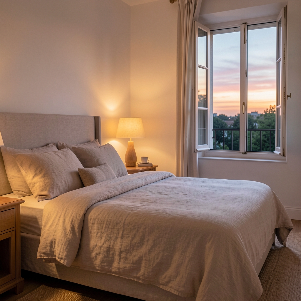 Calm bedroom with breathable linen bedding, warm lamp, and open window at dusk