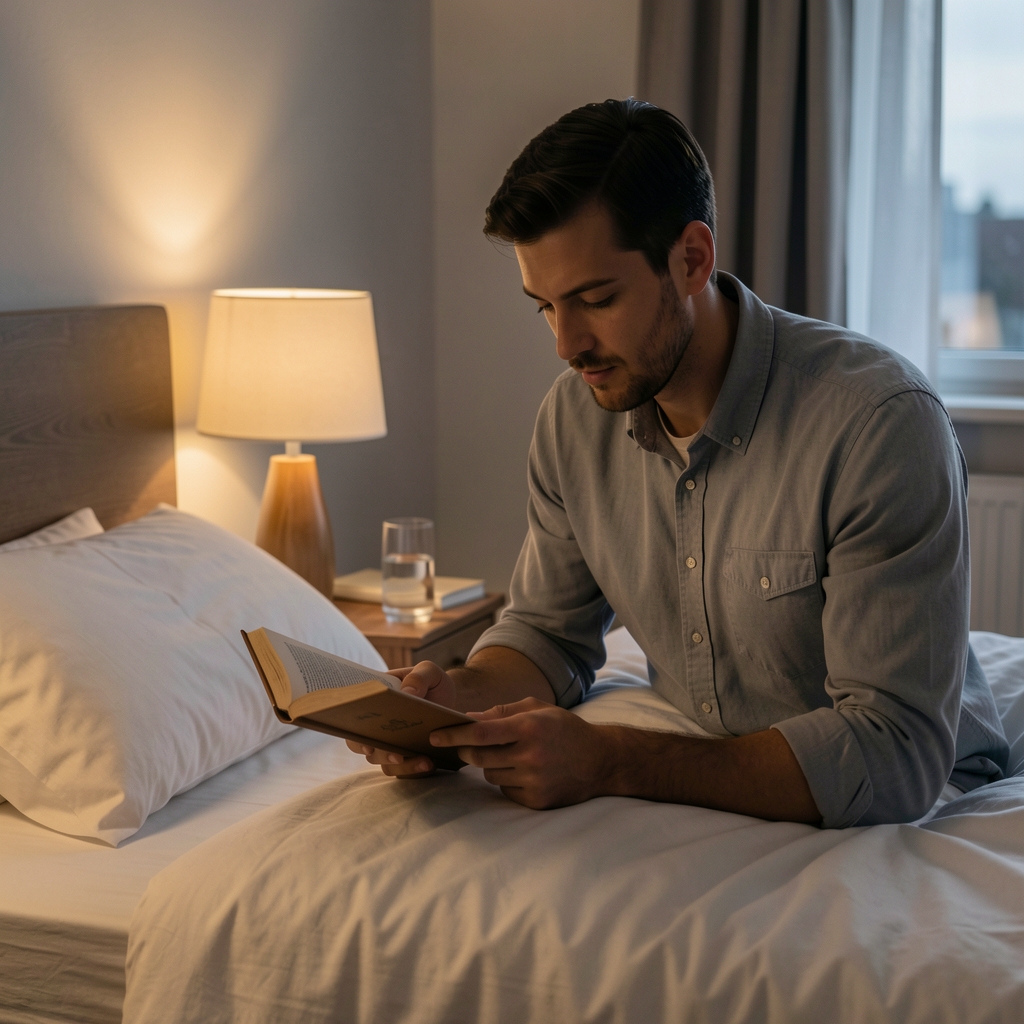 Man preparing a quiet evening routine with book, water, and dim bedside lighting