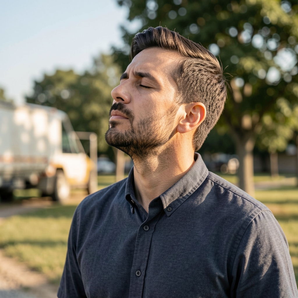 Man pausing outdoors with eyes closed, taking a slow breath during a break from work