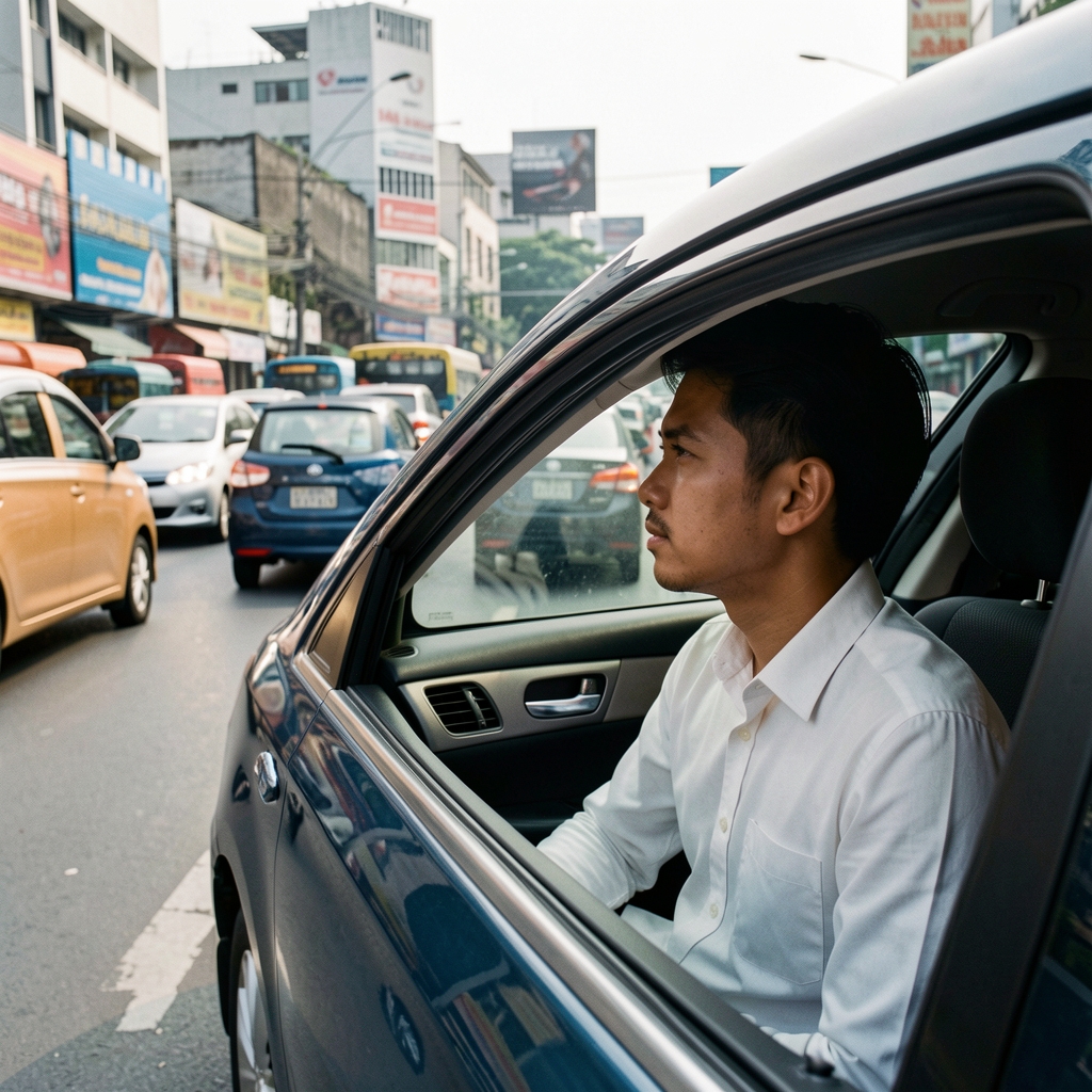 Man sitting calmly in slow Jakarta traffic, looking out the car window